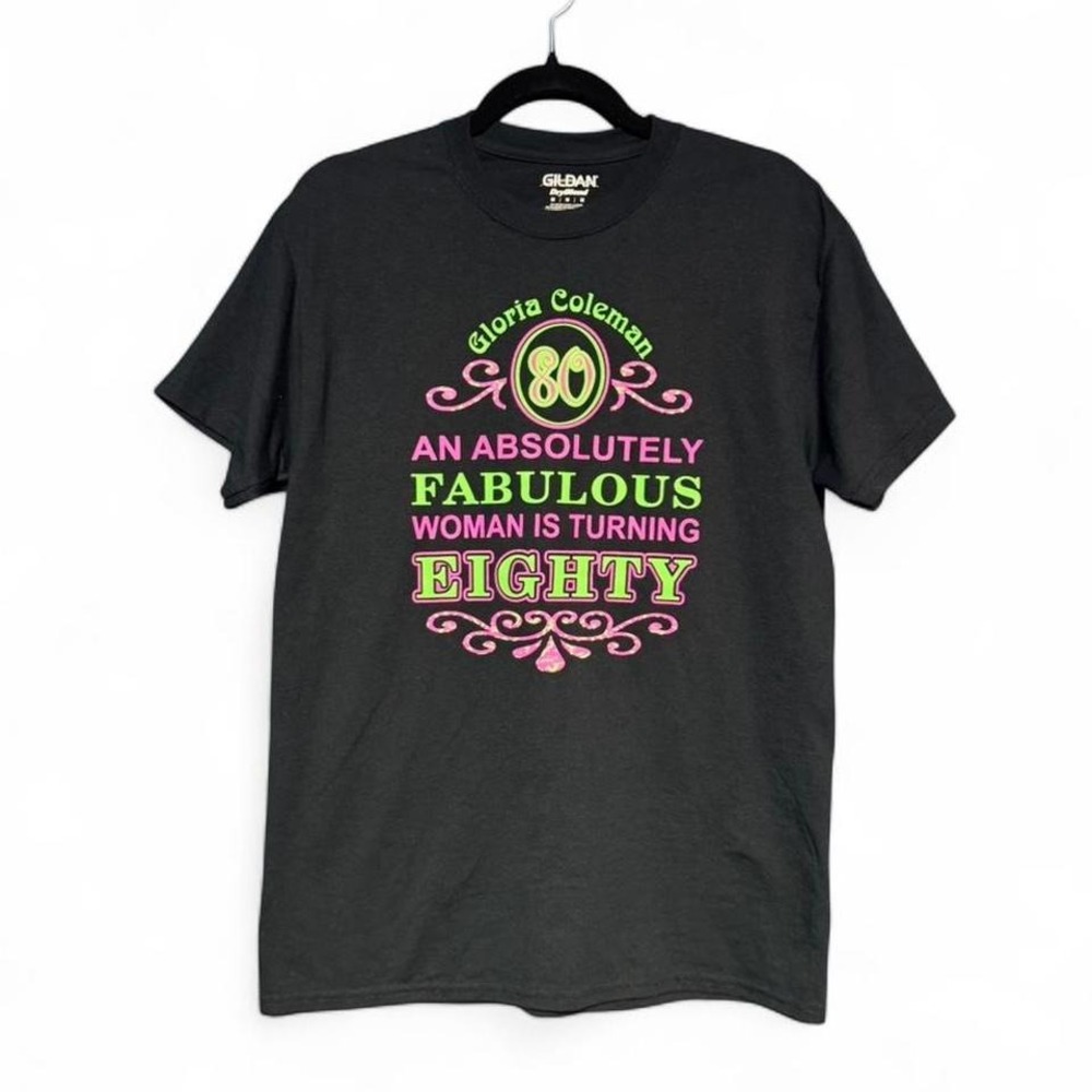 Funny Birthday T Shirt Size Medium Black Pink Green 80th Retro Short Sleeve Neon